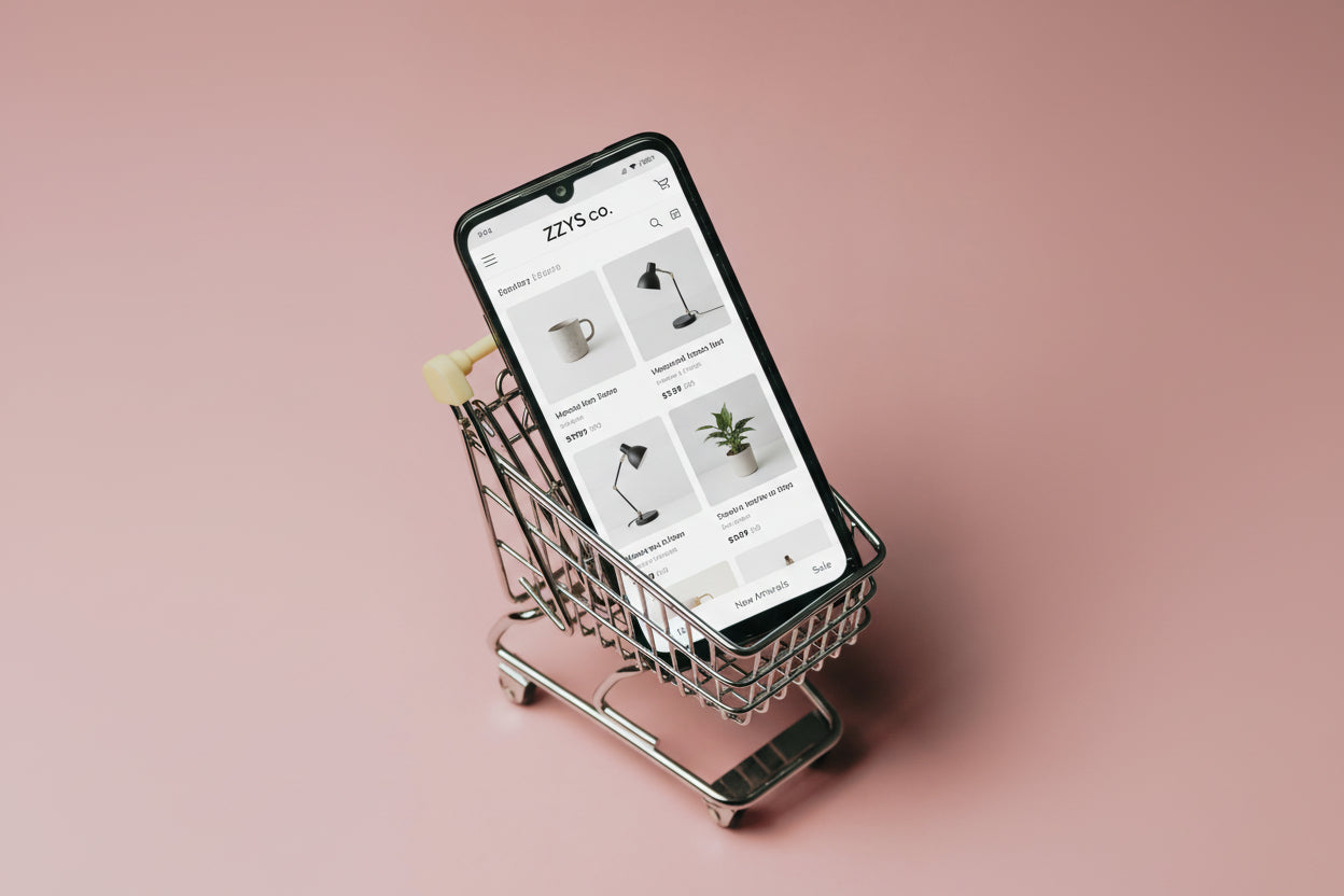 Phone with shopping app displayed in a miniature shopping cart on a pink background